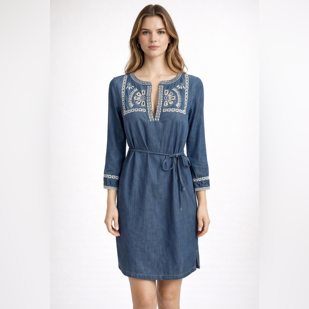LOFT Dress Blue S Small NWT Embroidered Shift W Belt Cotton Washable NWT NEW